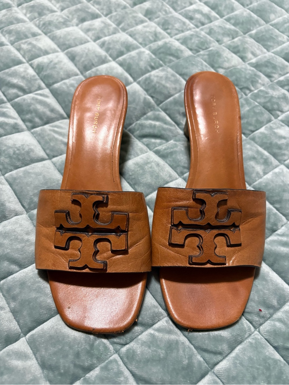 Tory Burch Tan Leather Logo Slide Mules